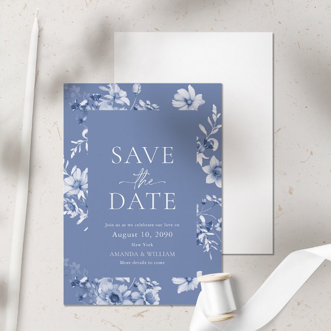Dusty Blue Floral Save the Date Card (Creator Uploaded)