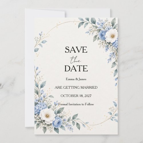 Dusty Blue Floral Save the Date Card