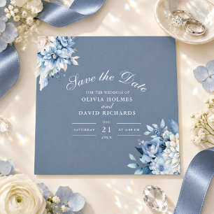 Dusty Blue Floral Save the Date Elegant Horizontal