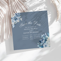 Dusty Blue Floral Save the Date Elegant Horizontal
