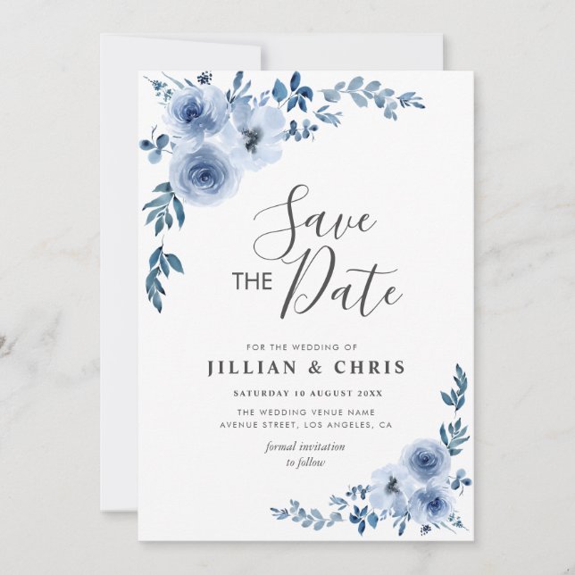 dusty blue floral save the date invitation (Front)