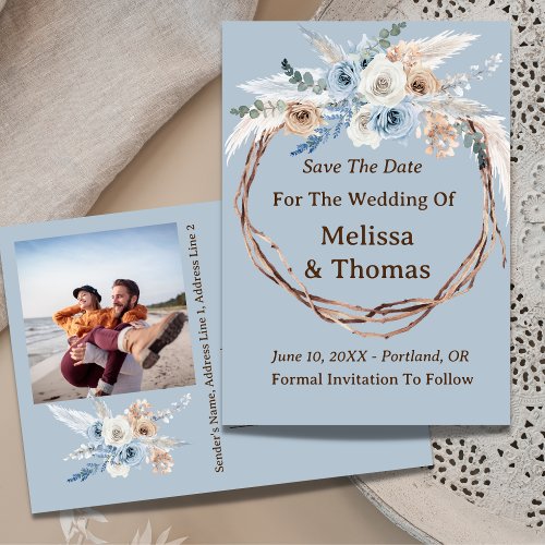 Dusty Blue Floral Save The Date Photo Announcement