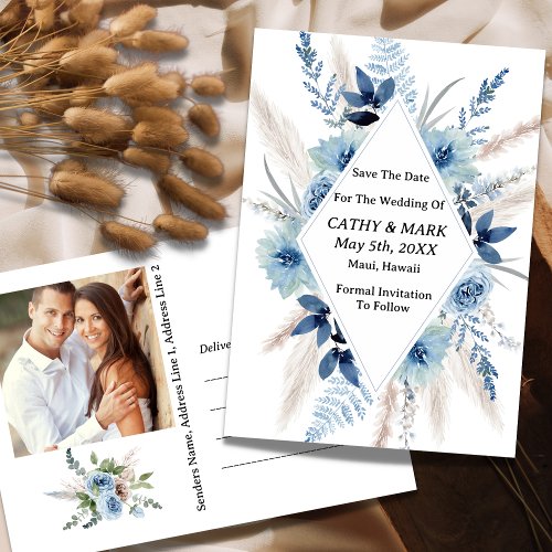 Dusty Blue Floral Save The Date Photo Postcard 