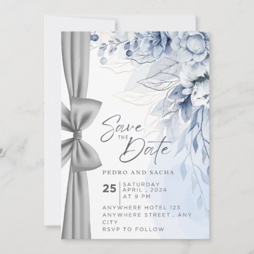 Dusty Blue Floral Save The Date with Silver Ribbon Invitation