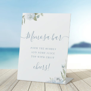 Dusty blue floral script beach Mimosa Bar Pedestal Sign