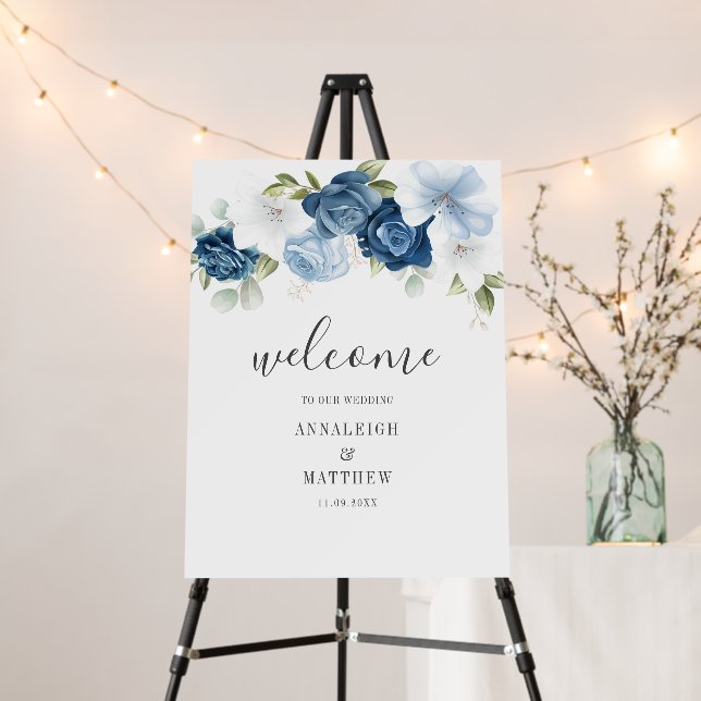 Dusty Blue Floral Script Botanical Wedding Foam Board (In Situ (Stand))