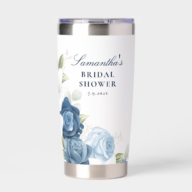 Dusty Blue Floral Script Bridal Shower Insulated Tumbler (Front)