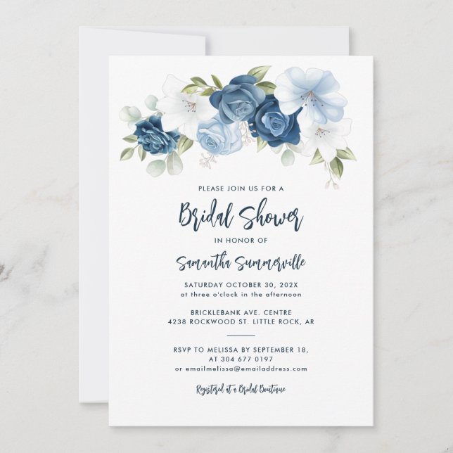 Dusty Blue Floral Script Bridal Shower Invitation (Front)