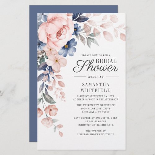 Dusty Blue Floral Script Bridal Shower Invitation Stationery