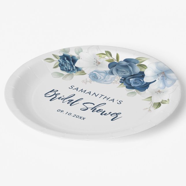 Dusty Blue Floral Script Bridal Shower Paper Plates (Angled)