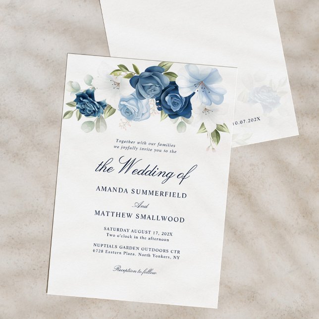 Dusty Blue Floral Script Elegant Wedding Invitation (Watercolor Dusty Blue Floral Script Wedding Invitation)