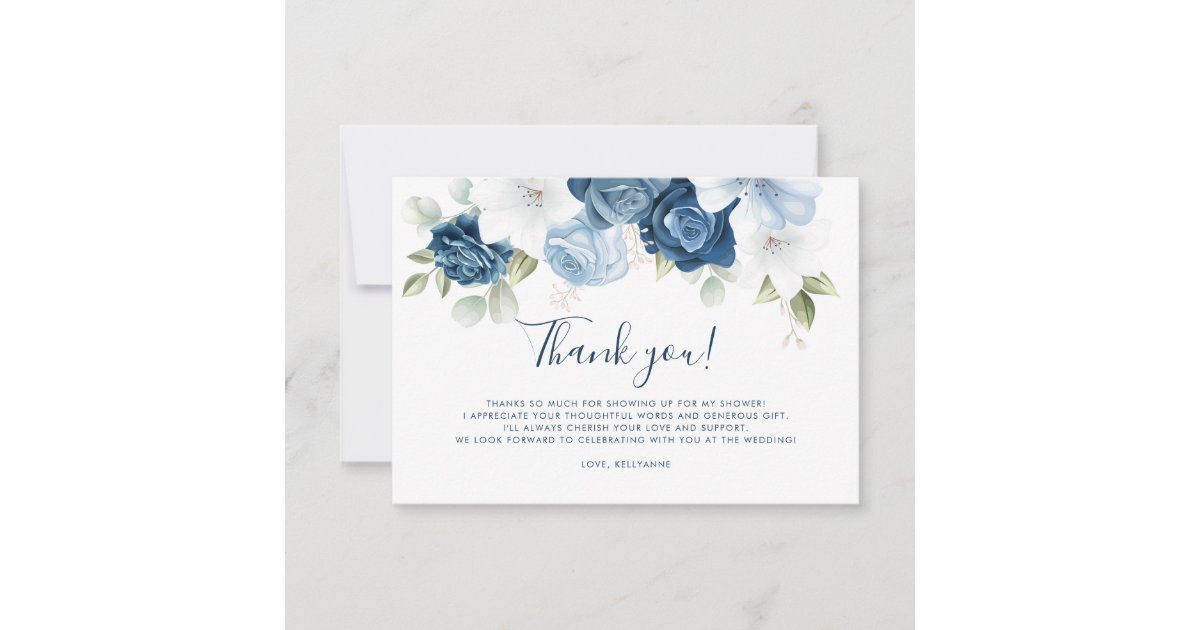 Dusty Blue Floral Script Hand-Lettered Wedding Thank You Card | Zazzle