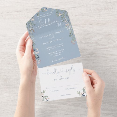 Dusty Blue Floral Script Hearts Minimalist Wedding All In One Invitation