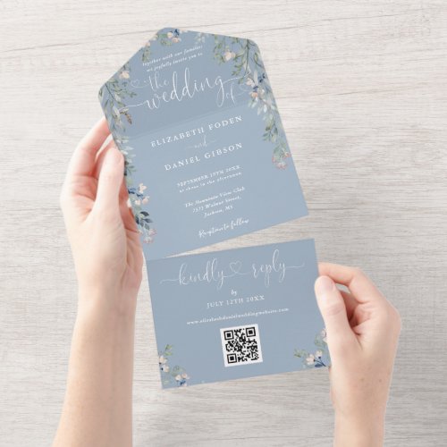 Dusty Blue Floral Script Hearts QR Code Wedding All In One Invitation