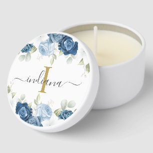 Dusty Blue Floral Script Monogram Bloom Mini Candle Favors