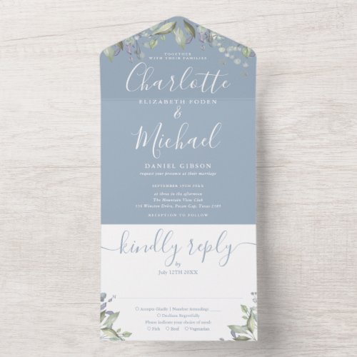 Dusty Blue Floral Script Monogram Wedding  All In One Invitation