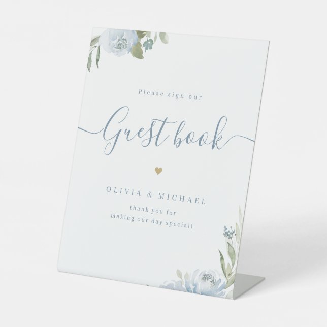 Dusty blue floral script rustic Wedding Guest Book Pedestal Sign (Front)