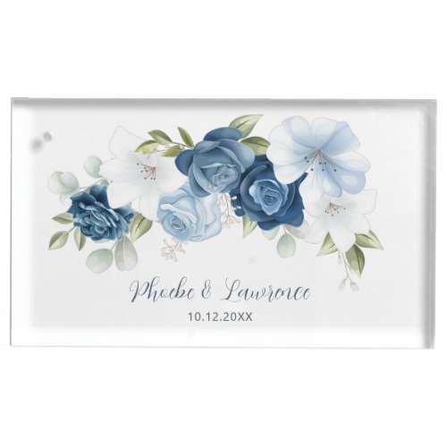 Dusty Blue Floral Script Wedding Place Card Holder