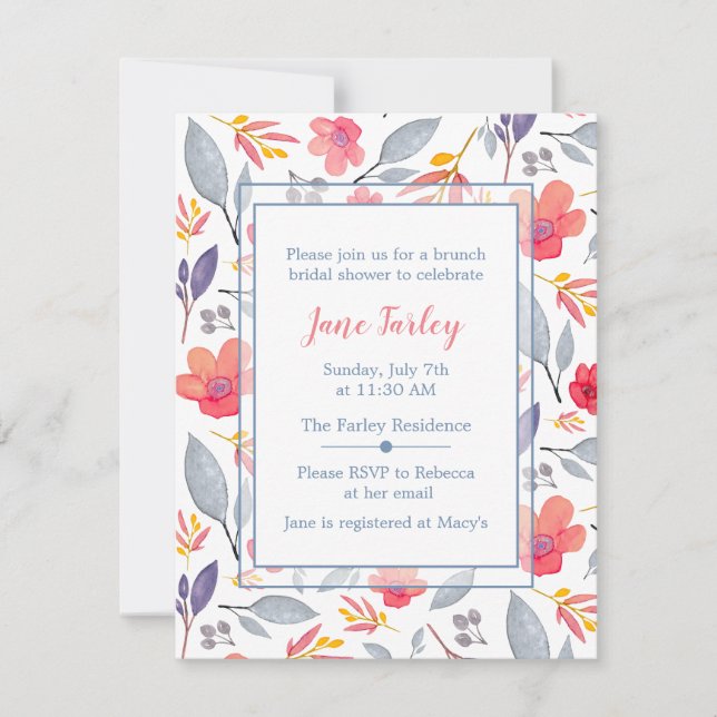 Dusty Blue Floral Shower Invitation (Front)