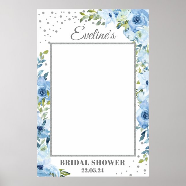 Dusty blue floral silver bridal shower photo prop poster (Front)