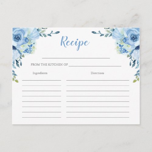 Dusty Blue floral silver bridal shower recipe card