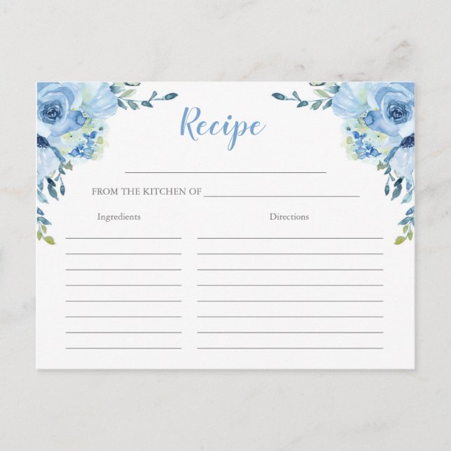 Dusty Blue floral silver bridal shower recipe card (Front)