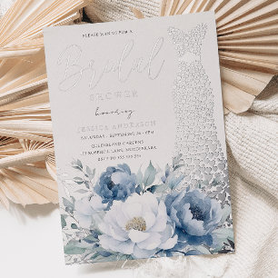 Dusty Blue Floral Silver Foil Dress Bridal Shower Invitation