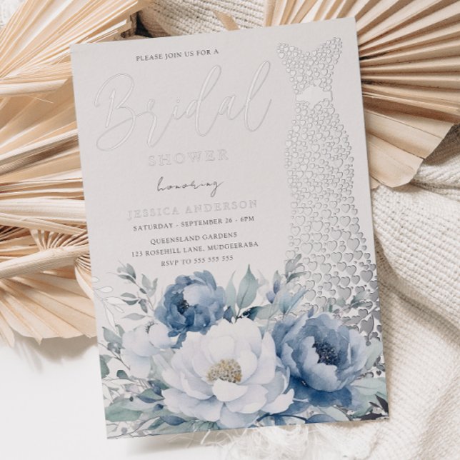 Dusty Blue Floral Silver Foil Dress Bridal Shower Invitation (Creator Uploaded)