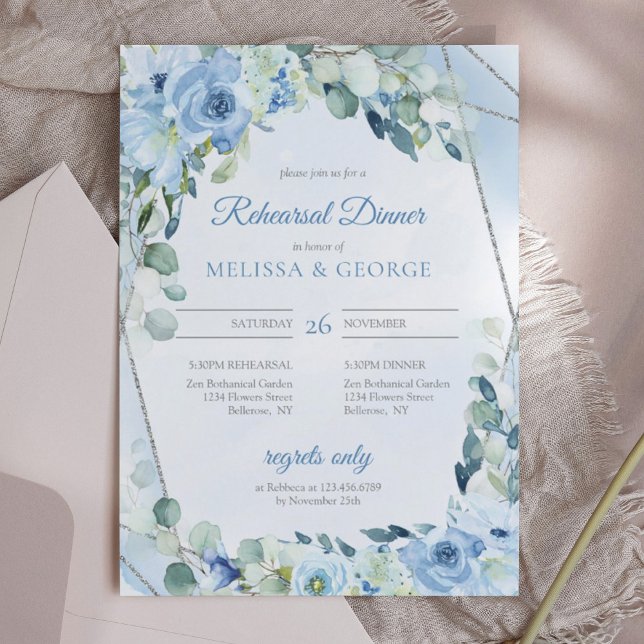 Dusty Blue Floral Silver Geometric Frame rehearsal Invitation (chic winter watercolor blue flowers mixed fresh eucalyptus and silver frame rehearsal dinner invite)