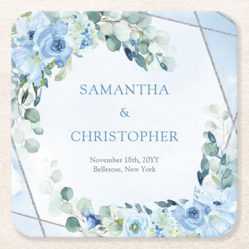 Dusty Blue Floral Silver Geometric Frame sage Square Paper Coaster