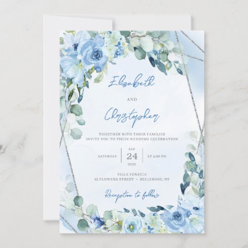 Dusty Blue Floral Silver Geometric Frame Wedding Invitation