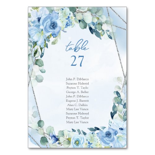 Dusty Blue Floral Silver Geometric table number