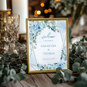 Dusty Blue Floral Silver Geometric wedding welcome Poster