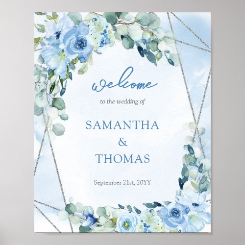 Dusty Blue Floral Silver Geometric wedding welcome Poster