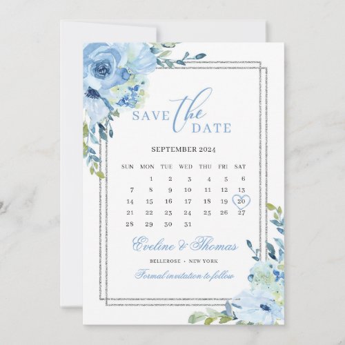 Dusty blue floral silver glitter calendar wedding save the date