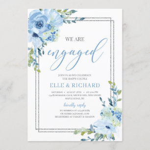Dusty blue floral silver glitter we are engaged invitation