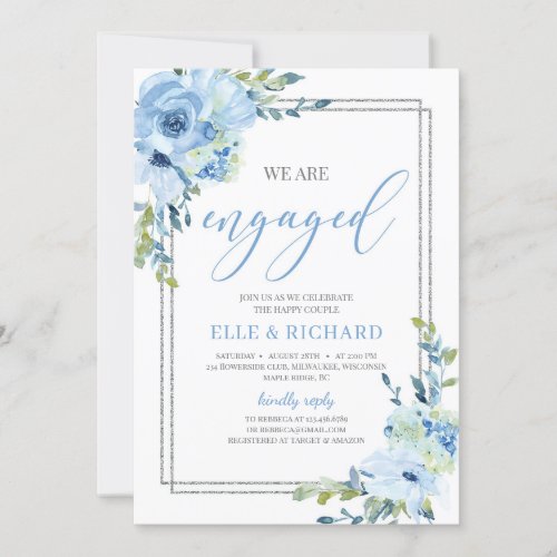 Dusty blue floral silver glitter we are engaged invitation