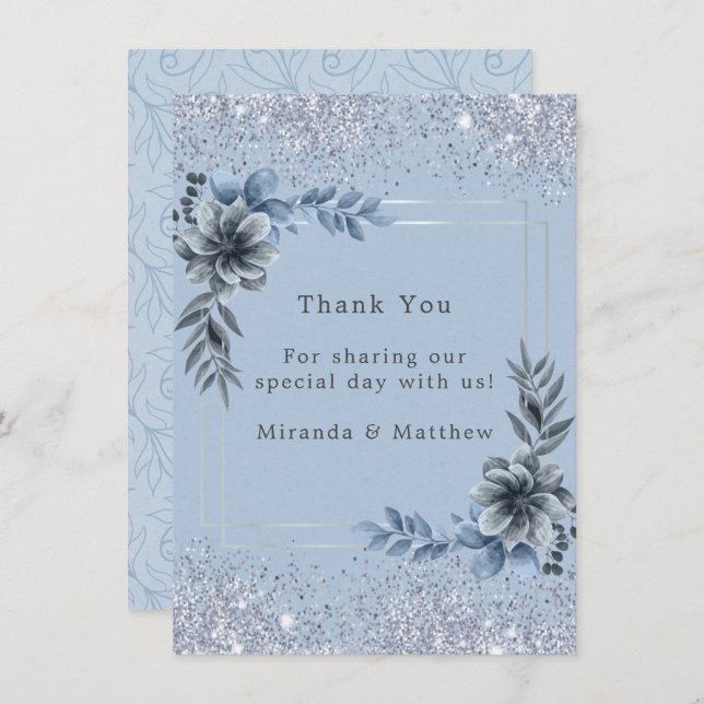 Dusty Blue Floral Silver Glitter Wedding Thank You Invitation (Front/Back)