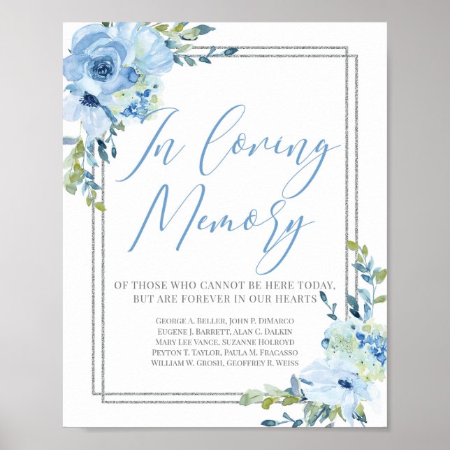 Dusty blue floral silver in loving memory sign (Front)