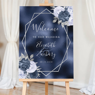 Dusty Blue Floral Silver Navy Wedding Welcome Foam Board