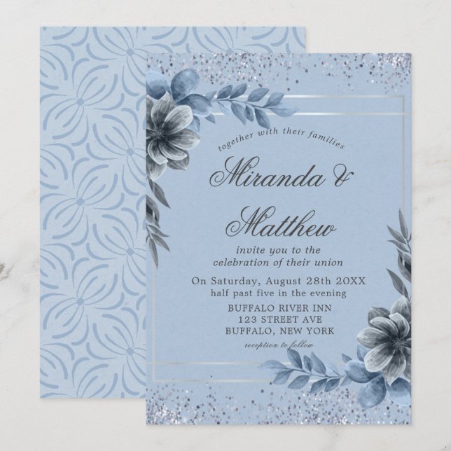 Dusty Blue Floral Silver Wedding Invitations  (Front/Back)