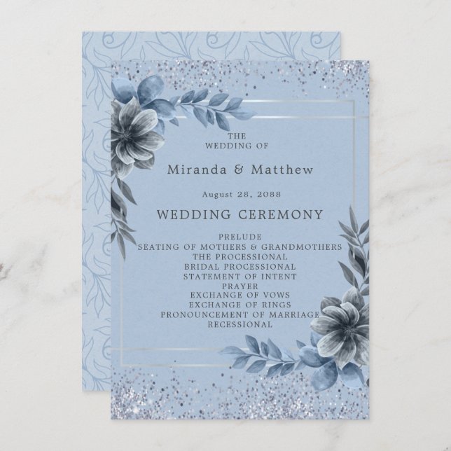 Dusty Blue Floral Silver Wedding Program (Front/Back)