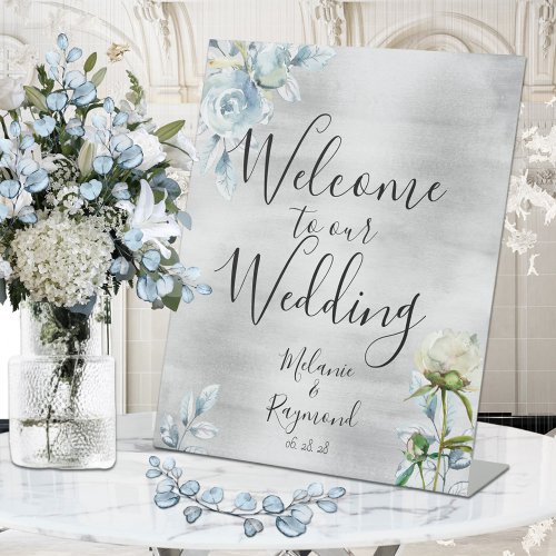 Dusty Blue Floral Silver Welcome To Our Wedding Pedestal Sign