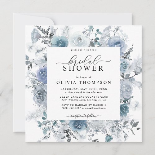 Dusty Blue Floral Slate Pastel Boho Bridal Shower Invitation