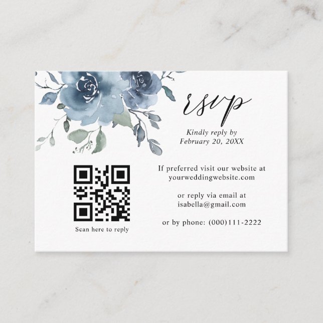 Dusty Blue Floral Slate QR Code Wedding RSVP Enclo Enclosure Card (Front)