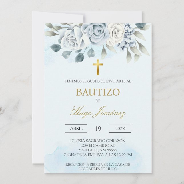 Dusty blue floral Spanish baptism Invitation (Front)