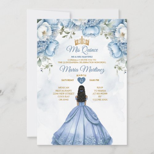 Dusty Blue Floral Spanish Princess Mis Quince Invitation