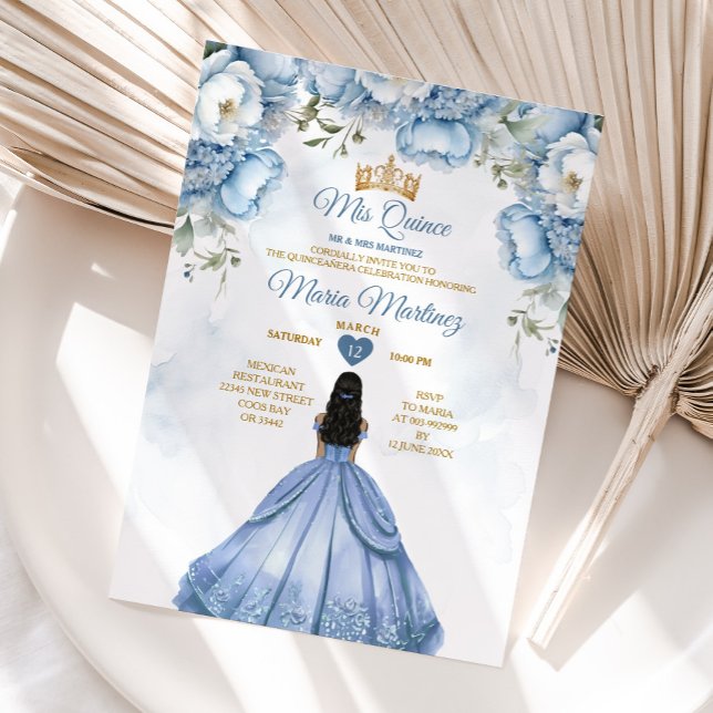 Dusty Blue Floral Spanish Princess Mis Quince Invitation (Creator Uploaded)