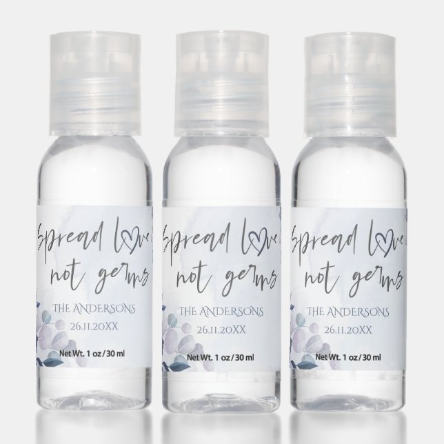 Dusty Blue FLoral Spread Love Not Germs Wedding Hand Sanitizer (Set)