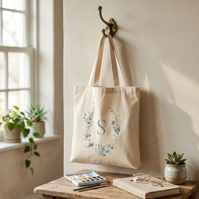 Dusty Blue Floral Spring greenery Name Monogram Tote Bag (Creator Uploaded)